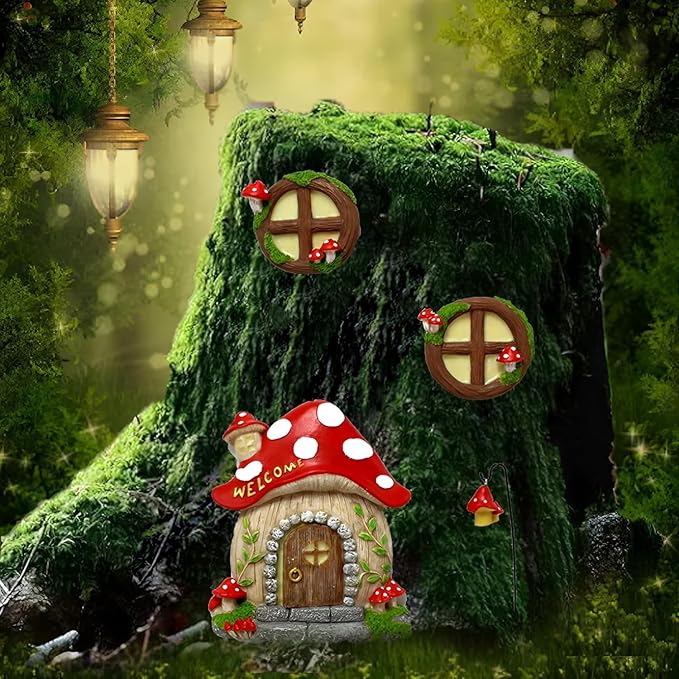 Fairy Garden Decor Fairy Door and Windows for Trees, Glow in The Dark Yard Sculpture Lawn Ornament Mini Garden Art Outdoor Decor Accessories with Lantern (B)