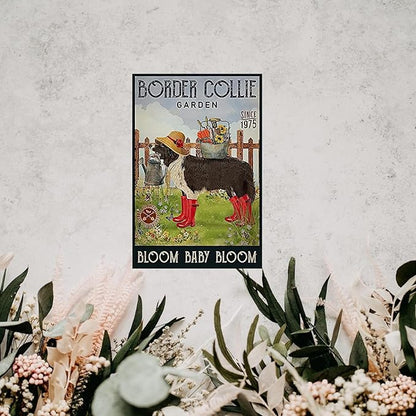 Funny Flowers Metal Poster, Dog Country Rustic Tin Sign, Border Collie Garden Bloom Baby Bloom, Yard Farm Outside Wall Decor Plaque Outdoor for Home Fence 8 X 12 Inch