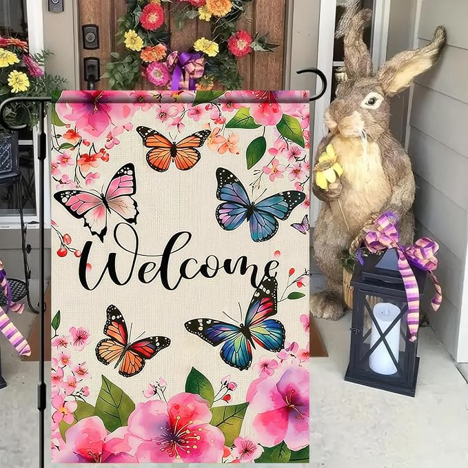 BlissYard Welcome Spring Garden Flag Butterfly Flower Decoration Yard Flag 12x18 Double Sided Seasonal Farmhouse Yard Outdoor Decoration Outside House Spring Small Yard Flag