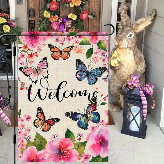 BlissYard Welcome Spring Garden Flag Butterfly Flower Decoration Yard Flag 12x18 Double Sided Seasonal Farmhouse Yard Outdoor Decoration Outside House Spring Small Yard Flag