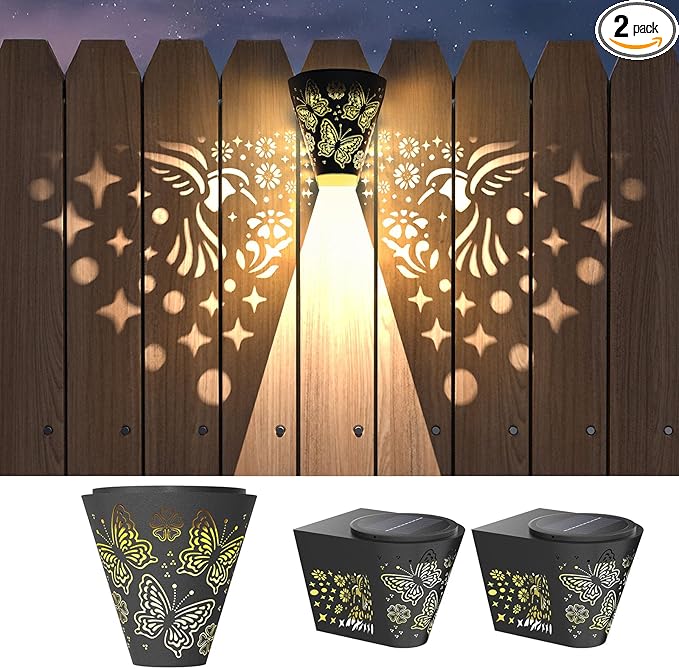 2 Pack Solar Fence Lights Outdoor Wall lihgts Decorations Metal Solar Deck Lights Waterproof LED Solar Powered Step Lights Warm White Light Decorative Lighting for Garden, Front Door, Backyard (metal)