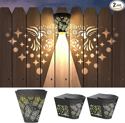 2 Pack Solar Fence Lights Outdoor Wall lihgts Decorations Metal Solar Deck Lights Waterproof LED Solar Powered Step Lights Warm White Light Decorative Lighting for Garden, Front Door, Backyard (metal)
