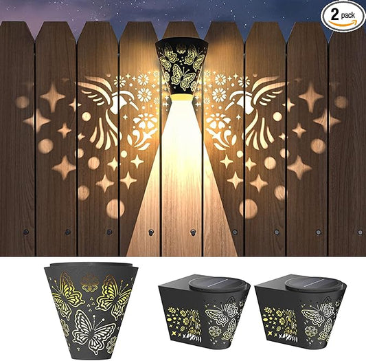 2 Pack Solar Fence Lights Outdoor Wall lihgts Decorations Metal Solar Deck Lights Waterproof LED Solar Powered Step Lights Warm White Light Decorative Lighting for Garden, Front Door, Backyard (metal)