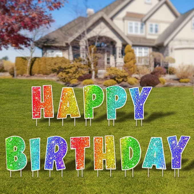 Happy Birthday Yard Sign with Metal Stakes - 16” Outdoor Lawn Decorations, Weather-Resistant Letters, birthday party supplies gift for Kids & Adults (Glitter)