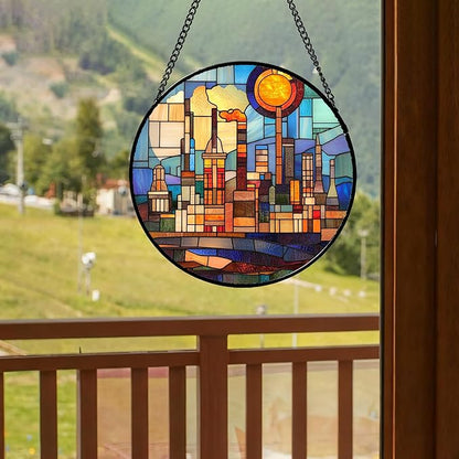 CHATYOUNG Stained Glass Window Hanging Abstract City Large 15" - Colorful Suncatcher Door Garden Home Decor and Christmas Mother's Day Birthday House Warming Gift for Grandma Mom Women Wife Friend