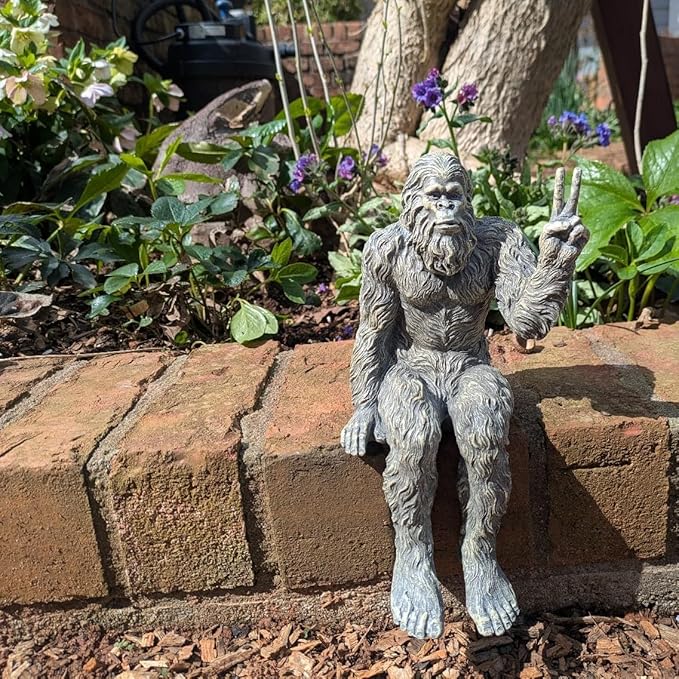 John Bernard & Company Bigfoot Peace Sign Decorative Sasquatch Yeti Statue/Figurine Indoor/Outdoor Sculpture for Patio, Deck, Home, Office 10 in H Shelf Sitter Figurine (Stone Gray)