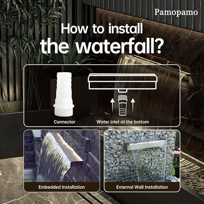 Pamopamo Pool Waterfall Spillway Stainless Steel Koi Pond Fountain, APP Control LED Lighted Waterfalls Kit, Outdoor Water Flow Fountains for Garden Swimming Pool Decoration-11.8"x7.8"x3.9"