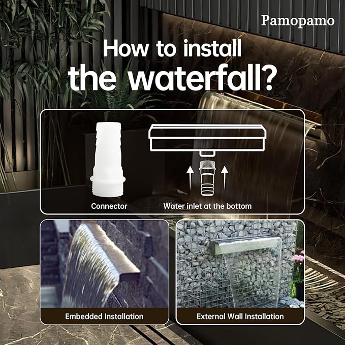 Pamopamo Pond Waterfall Spillway Pool Fountain Water Feature, Black Stainless Steel Outdoor Fountains, Swimming Pool Water Flow Waterfalls Kit for Garden Patio Ponds-23.6"x7.8"x3.9"(NO Light)