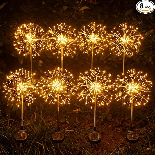 Solar Garden Lights Outdoor Yard Decorations, 8 Pack 150Leds Pathway Lights, Fairy Firework Stake Light for Garden, Patio, Pathway, Flowerbed Gold Color