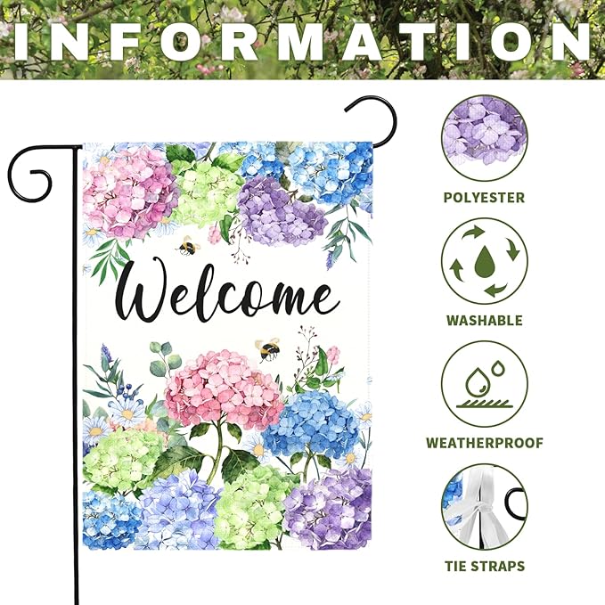 Welcome Hydrangea Garden Flag Spring Summer Colorful Floral Yard Flags Watercolor Flowers Bee Design Seasonal Porch Durable Polyester House Banners for Lawn Patio Outdoor Decor 12 x 18 Inch