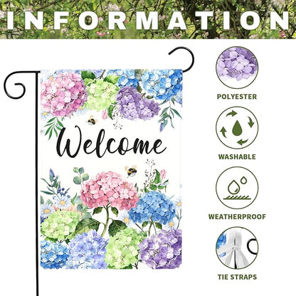 Welcome Hydrangea Garden Flag Spring Summer Colorful Floral Yard Flags Watercolor Flowers Bee Design Seasonal Porch Durable Polyester House Banners for Lawn Patio Outdoor Decor 12 x 18 Inch