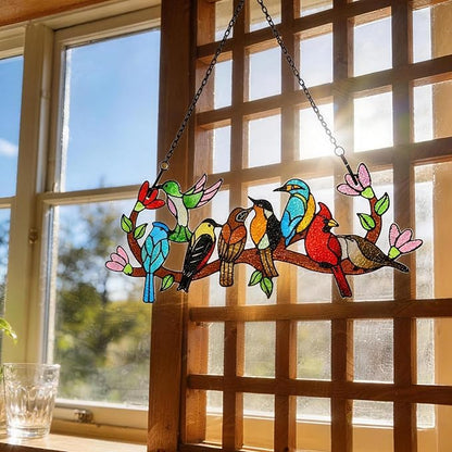 Huray Rayho Stained Glass Sun Catcher Birds On Branch for Indoor Window Hanging, Hand-Painted and Double Side with Gift Packaging, Hummingbird Gifts for Bird Lovers Mom Grandma, Bird Decor Ornament