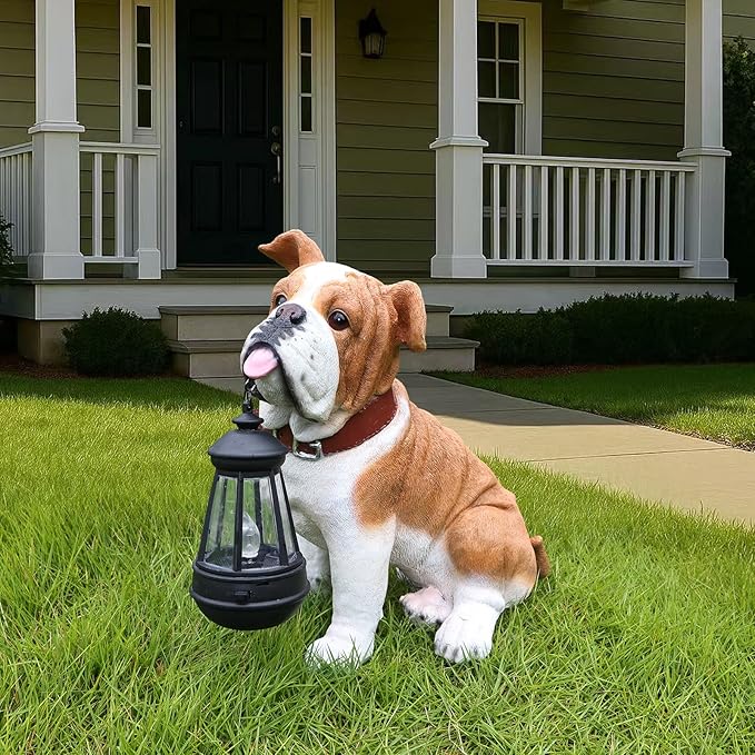Outdoor English Bulldog Dog Statue with Interchangeable Welcome Sign and Detachable Solar Lantern –LED Light Garden Dog Sculpture Décor Garden Statue Outdoor Dog Statue Garden Outdoor Decor