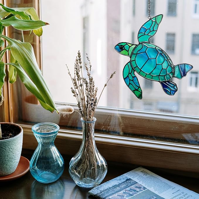 Sea Turtle Stained Glass Window Hanging, Hand-Painted Sun Catcher Glass Panel Wall Art Decor with Chain, Sea Turtle Gifts for Women Mom Grandma, Outdoor Indoor Art Decor for Home Garden