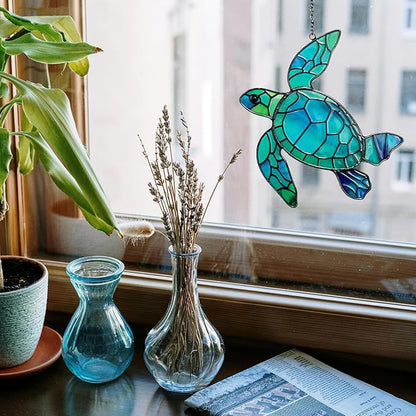 Sea Turtle Stained Glass Window Hanging, Hand-Painted Sun Catcher Glass Panel Wall Art Decor with Chain, Sea Turtle Gifts for Women Mom Grandma, Outdoor Indoor Art Decor for Home Garden