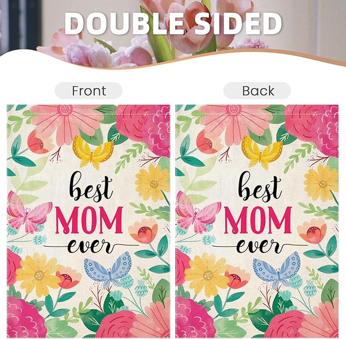 Mother's Day Garden Flags for Outside, Best MON Ever Floral Yard Decoration, Small Gift for Mom Grandmom, Seasonal Outdoor Decor for Farmhouse Summer Holiday,12x18 Inch Double Sided