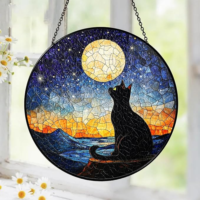 Black Cat Starry Night Stained Glass Suncatcher Window Hanging Decor for Garden, Cat Suncatcher Window Panel Gifts for Cats Lovers, Memorial Gifts for Pet Loss Sympathy Gift for Outdoor Decorations