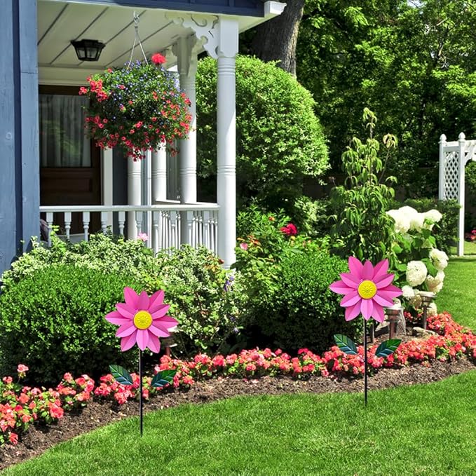 Metal Sunflower Wind Spinner,45 in Double Layer Sun Flower Windmill with Green Leaves and Stake,360° Rotating Sunflower Decor Wind Pinwheel Sculpture for Garden Yard Patio Lawn Decor (Pink)