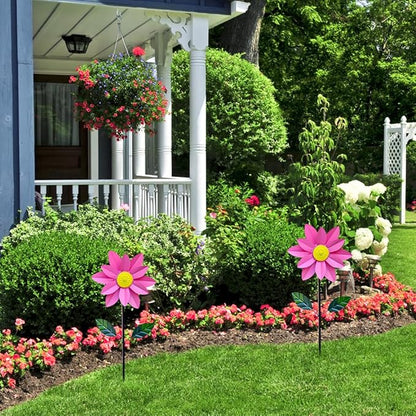 Metal Sunflower Wind Spinner,45 in Double Layer Sun Flower Windmill with Green Leaves and Stake,360° Rotating Sunflower Decor Wind Pinwheel Sculpture for Garden Yard Patio Lawn Decor (Pink)