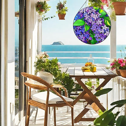 Purple Flowers Hanging Stained Glass for Window 7.87" Sun Catcher Garden Hanging Decoration Sun Catchers Colorful Glass Gifts for Women Mother's Day Valentine's Day Decorations Holiday