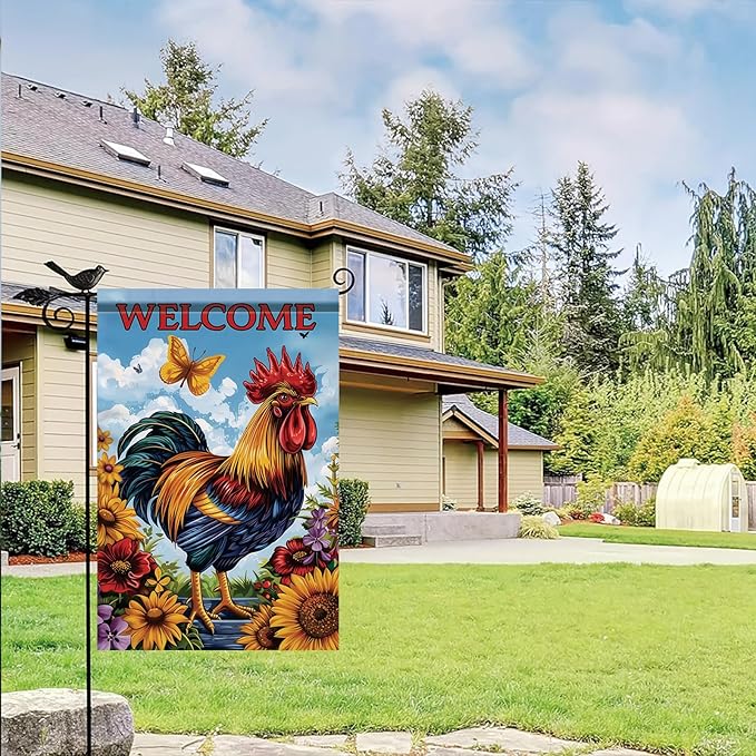 Spring Summer Garden Flag 12x18 Inch Colorful Rooster Welcome Floral Farm Animal Design Outdoor Yard Porch Lawn Garden for Seasonal Farmhouse Country Home Decor