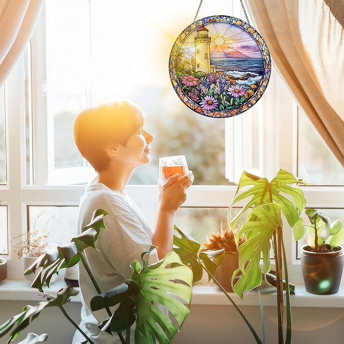 Bimkole Lighthouse Stained Glass Suncatcher Window Hanging - Flower Scenery Indoor Window or Doorway Decoration - Handmade Sun Catcher Decor for Garden Home Christmas & Birthday Gifts 7.87x7.87 inch