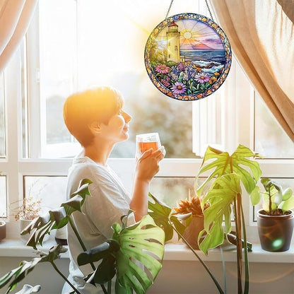 Bimkole Lighthouse Stained Glass Suncatcher Window Hanging - Flower Scenery Indoor Window or Doorway Decoration - Handmade Sun Catcher Decor for Garden Home Christmas & Birthday Gifts 7.87x7.87 inch