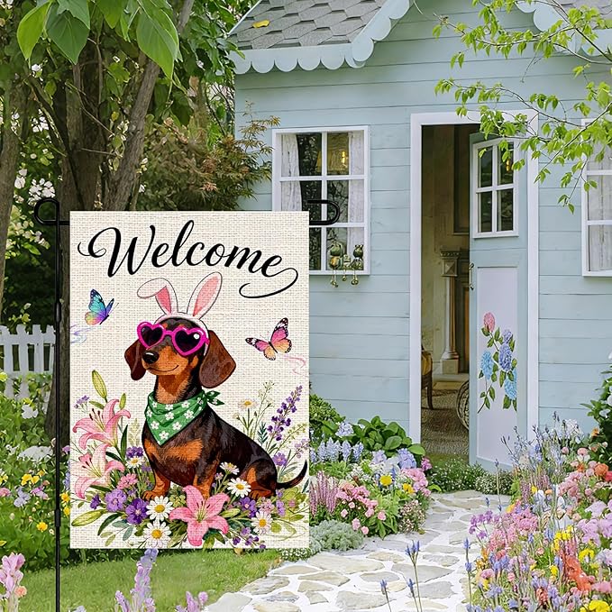 IVN Spring Dachshund Garden Flag 12x18 Welcome Dog Bunny Ears Heart Sunglasses Floral Wildflowers Spring Butterflies Watercolor Double Sided Burlap Yard House Flag Seasonal Outdoor Decoration for Outside Home Front Door Lawn Porch Patio Welcome Summer ...