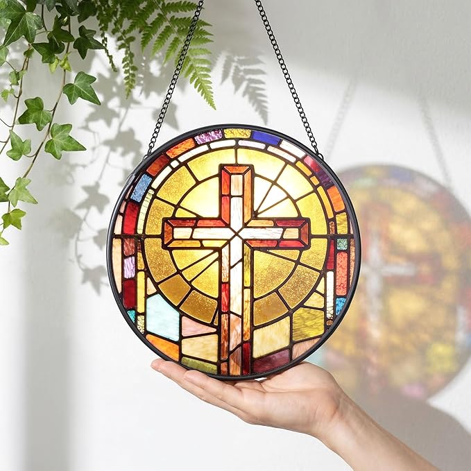 Stained Glass Suncatcher, 7.9 Inch Stained Glass Window Hanging Faith Cross Sun Catcher, Window Hanging Ornament Garden Decor Modern Farmhouse Decoration Catholic Gifts Religious Gifts