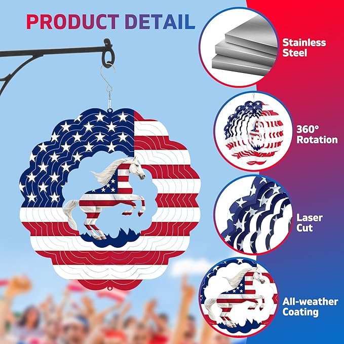 Horse Metal Wind Spinner for Garden, Horse Gifts for Independence Day Women Men Mother Father, 12 Inch Hanging Wind Spinner for Outdoor & Indoor Decorations