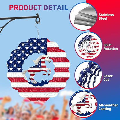 Horse Metal Wind Spinner for Garden, Horse Gifts for Independence Day Women Men Mother Father, 12 Inch Hanging Wind Spinner for Outdoor & Indoor Decorations