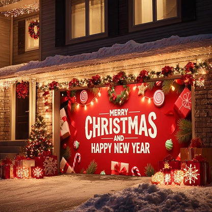 HOMETITUTE Christmas Garage Door Banner 13x6ft Merry Christmas Happy New Year Red Theme Backdrop Decor Banners for Outside Indoor Winter Door Cover Garage Wall Covering for Party Garage Decorations