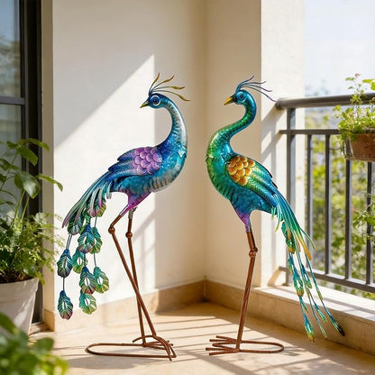 chisheen Metal Peacock Statue Garden Decor Yard Art Decoration Outdoor Sculpture,Set of 2,Housewarming Birthday for Women Mom