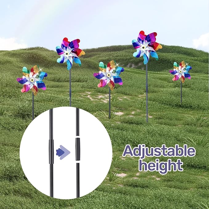 BATTIFE Reflective Pinwheels for Yard and Garden, Pre-Installed Sparkly Blind Birds Pin Wheel, Scare Birds & Animal Away Wind Spinner, 10 Pack (Colorful)