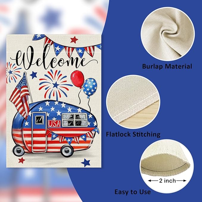 Welcome 4th of July Camping Patriotic Decorative Garden Flag, America USA Stars Stripes Camper RV Yard Outside Decorations, American Campsite Outdoor Small Home Decor Double Sided 12 x 18