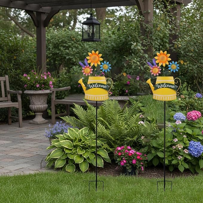 48inch Spring Metal Flowers for Outside with Decorative Butterfly, Tall Flower Garden Stakes Metal Welcome Signs for Outside, Yard, Lawn, Pathway, for Mom