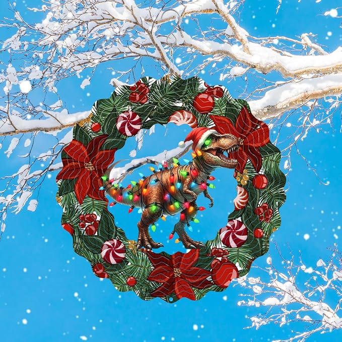 Dinosaur Metal Wind Spinner 3D Hanging Christmas Hat Wind Spinners Decor Christmas Dinosaur Metal Wind Sculptures for New Year Gift Party Yard Garden Outdoor Indoor Decor