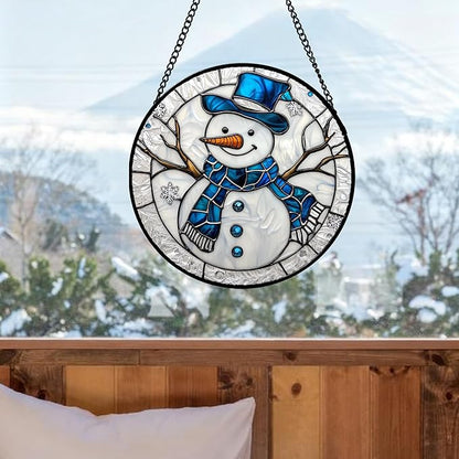 DASTOLL Stained Glass Window Hanging Christmas Snowman Blue White Large 15" - Suncatcher Door Garden Sun Catcher Home Decor Birthday Mother's Day Xmas Gift for Mom Men Woman Her Nana Parents Girl