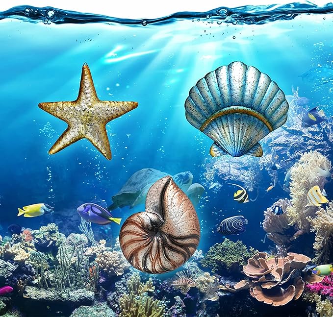 Weibefee 3 Pcs Metal Beach Wall Decor Sea Star Shell Conch Metal Mother's Day Decor Ocean Theme Marine Coastal Bathroom Mother's Day Decorations Gift Rustic Cottage Nautical Wall Art for Office Home Living Room Nursery Room