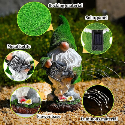 VChymm Flocked Solar Garden Gnomes Outdoor Statues-11.8‘’Outdoor Garden Decor-LED Outdoor Decor Light-Unique Housewarming Gifts Yard Art Sculptures for Patio Lawn Ornaments