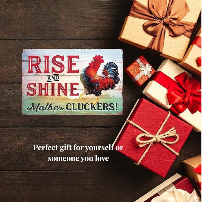 Funny Chicken Sign, Metal Chicken Coop Tin Signs, Rise and Shine Mother Cluckers, Yard Sign Garage Farm Garden Wall Decor Sign Plaque Outdoor for Home Fence 8 X 12 Inches