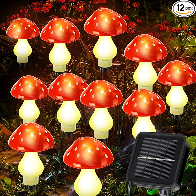Reginary 12 Pcs Outdoor Lamp Solar Mushroom Light up Garden Mushroom Lights 8 Modes Waterproof Lamp Outside Decor for Holiday Yard Patio Pathway Lawn Ornament(Red,Classic)