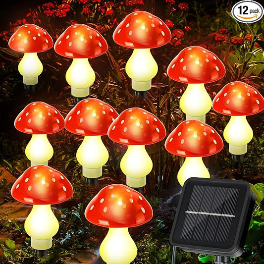 Reginary 12 Pcs Outdoor Lamp Solar Mushroom Light up Garden Mushroom Lights 8 Modes Waterproof Lamp Outside Decor for Holiday Yard Patio Pathway Lawn Ornament(Red,Classic)