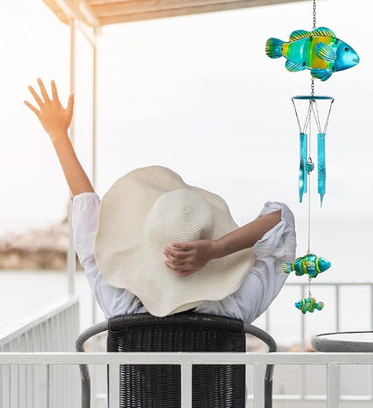 CoTa Global Lucky Fish Wind Chime - Handcrafted Glass and Metal Chime - Hanging Fish Decoration for Indoor and Outdoor Spaces, Hanging Ocean Animal Windchime Decor Gift - 29 Inches