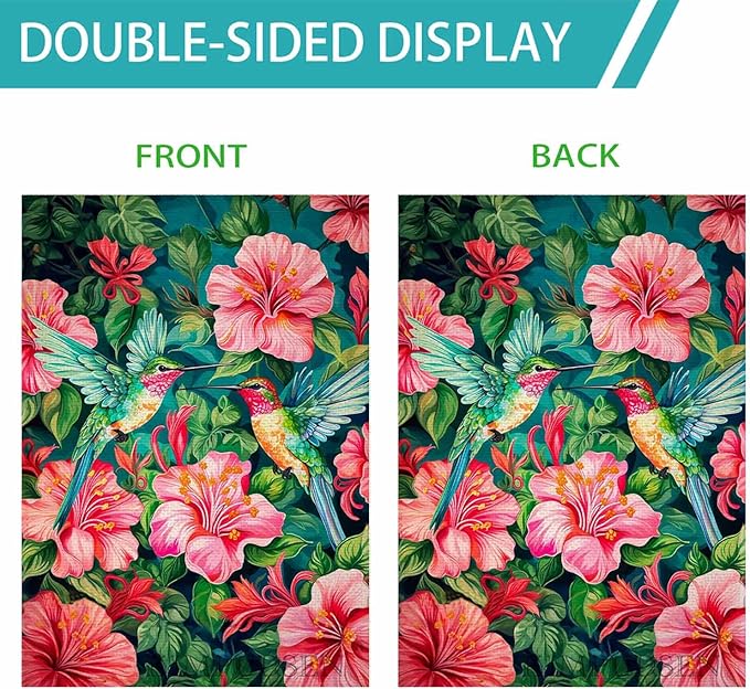 Spring Summer House Flag 28 x 40 Inch Double Sided, Colorful Hummingbird Floral Garden Flag Large Outdoor Seasonal Flags for Garden Patio Lawn Decor
