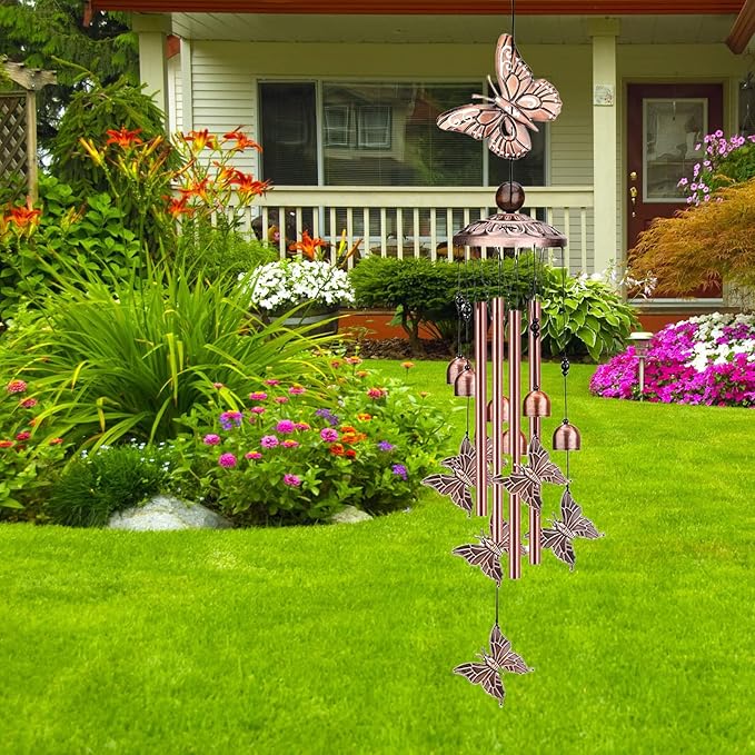 Choha Butterfly Wind Chimes Outdoor Decor, with 4 Tubes 6 Bells 7 Butterflies Mobile Romantic Wind Catcher, Butterfly Windchimes for Home, Mom Grandma Gifts, Patio, Garden, Festival Decoration