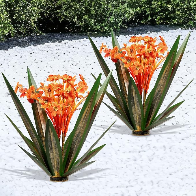 2Pcs Spring Metal Agave Plant Outdoor Decor Sculpture Flowers Mexican Yard Art Outdoor Garden Decoration Rustic Mums Metal Agave Garden Art for Patio Lawn Decorative Gifts