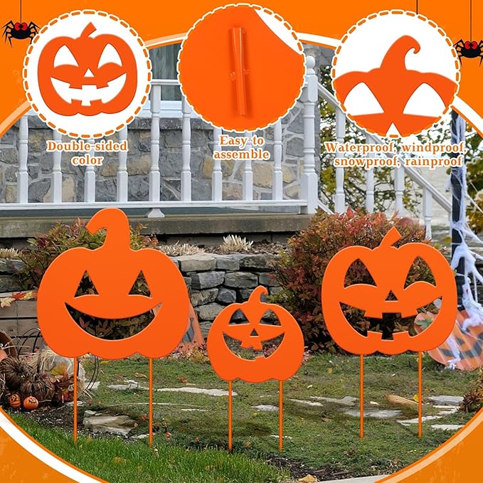 3 Pack Halloween Decorations Outdoor Metal Halloween Garden Stakes Metal Ghost Pumpkins Black Cat Yard Signs Decor for Outside Garden Lawn Porch Patio Party Decorations(Pumpkin Style)