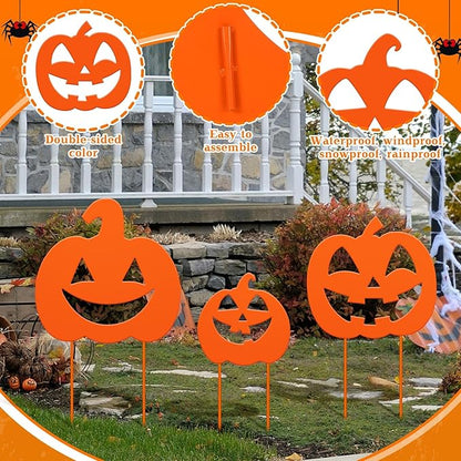 3 Pack Halloween Decorations Outdoor Metal Halloween Garden Stakes Metal Ghost Pumpkins Black Cat Yard Signs Decor for Outside Garden Lawn Porch Patio Party Decorations(Pumpkin Style)
