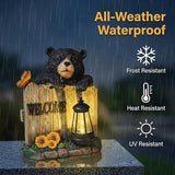 Garden Black Bear Welcome Sign with Solar Lantern, Decorative Outdoor Statue with Butterfly and Sunflowers, Lawn and Porch Decor